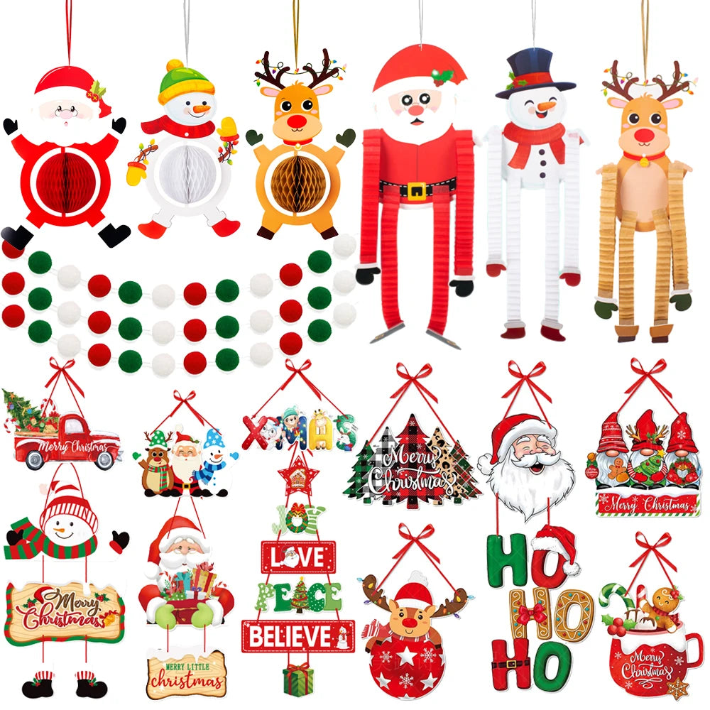Christmas Decorations Colorful Christmas Paperboard Door Hangings Merry Xmas Santa Plaids Home Wall Door New Year Decor Supplies