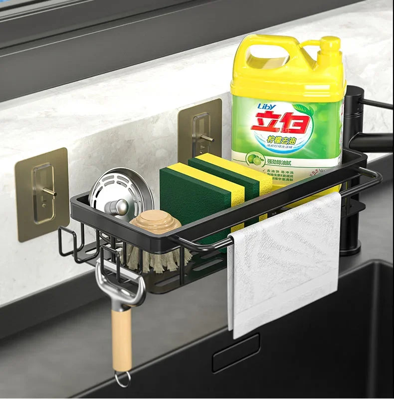 Aluminum Kitchen Storage Rack No-drill Sink Drain Rack Self-draining Sink Shelf Sponge Holder Dishcloth Towel Rack Filter Basket