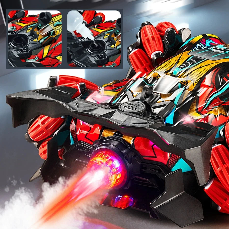 4Wd Rc Stunt Car with Sprayer & Namu Wheels, 2.4g Remote Control Drift Vehicle, Colorful Led Lights & Sound Off-Road Toys Gift F