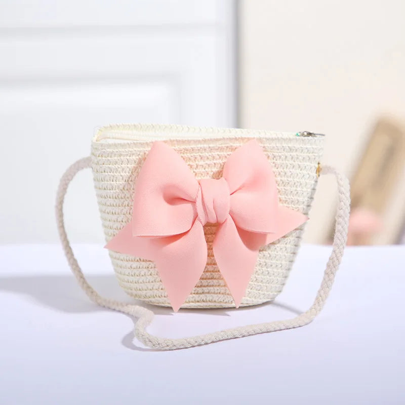 New Pink Bow Girl Bags Zipper Woven Straw Kids Princess Messenger Bags Outdoor Travel Keys Candy Crossbody Bags