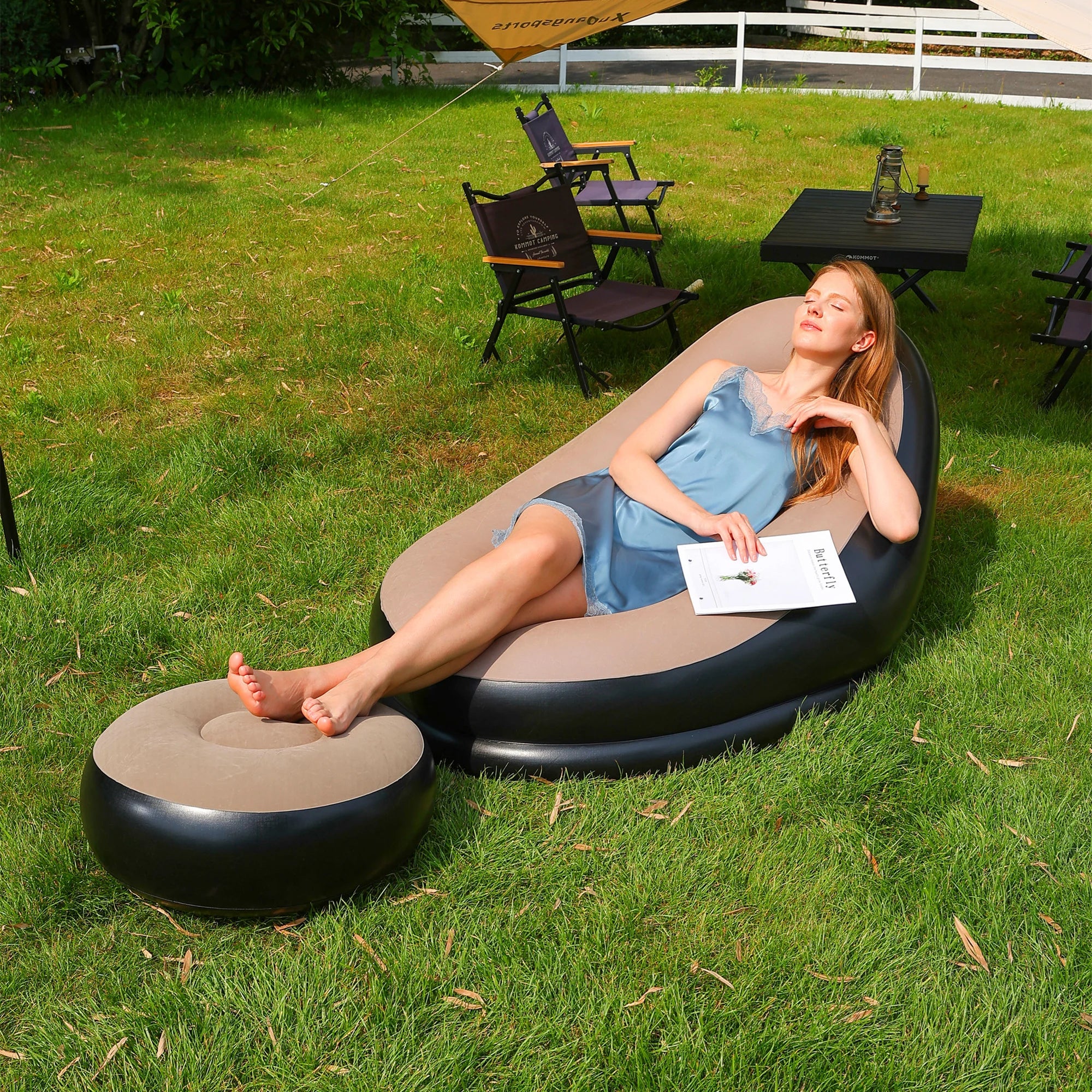 Lazy Couch Sofas Inflatable Chair Foldable Recliner Outdoor Sofa Bed Footstool Portable Folding Air Bed Lunch Lounge Chair Set