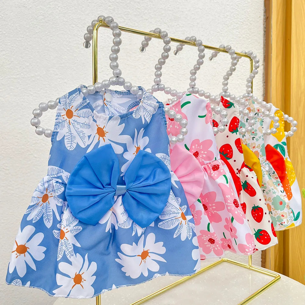 Dog Princess Dress Summer Kitten Pet Skirt Cute Printed Bow Lace Dog Dresses for Small Medium Puppies Poodle Chihuahua Apparel