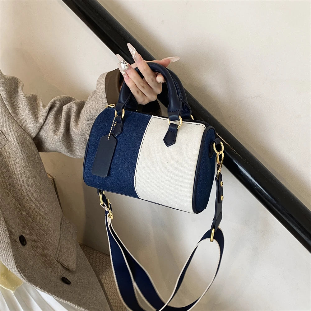 Patchwork Colorblock Mini Handbags For Women Denim Shoulder Cross Body Bags Casual Street Small Boston Bag 2024 Designer Purses