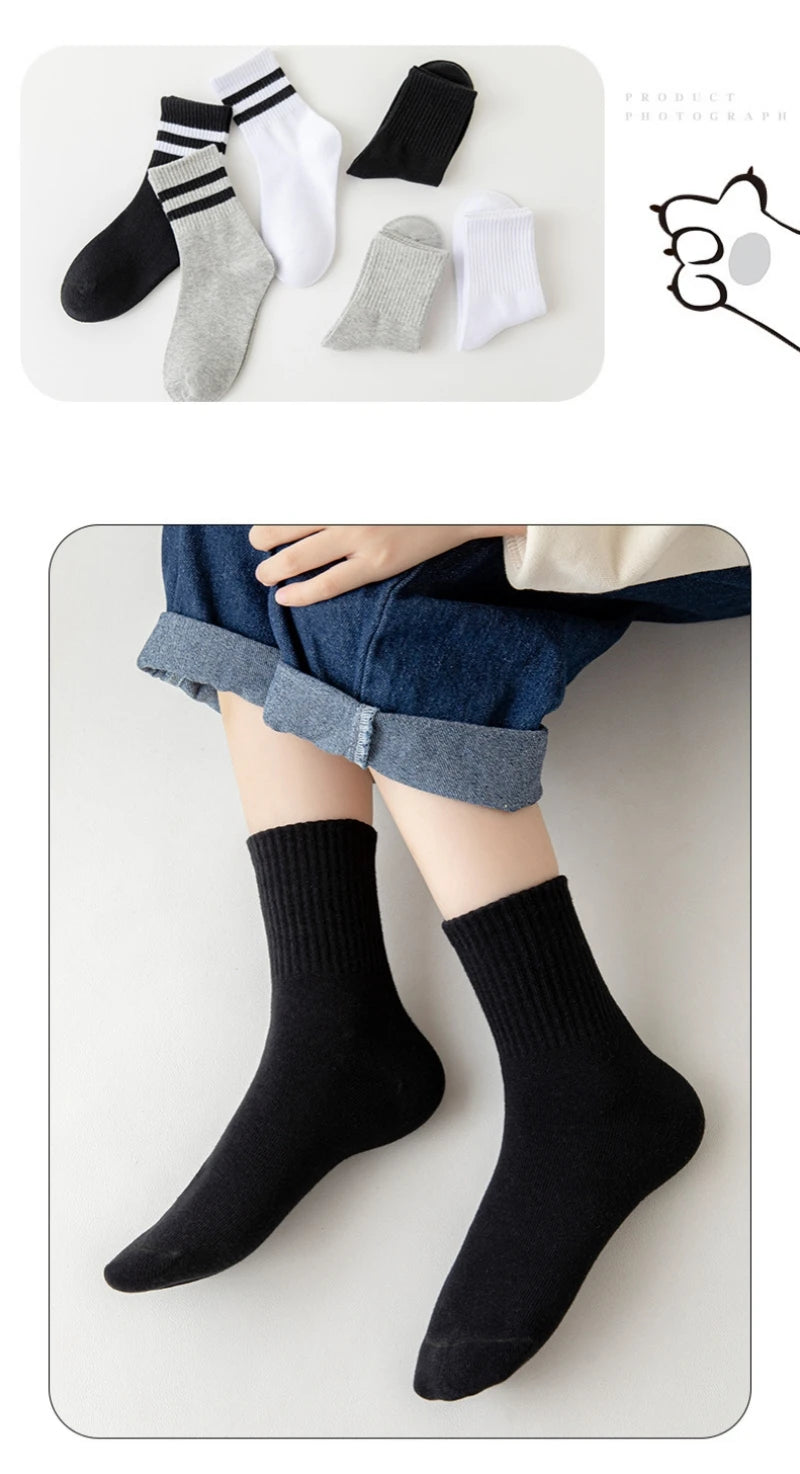 Horetong 5 Pairs Pure Cotton Soft Student Socks Breathable Absorbing Sweat Sport Socks Boys Girls Middle Tube Sock For 3-13 Year