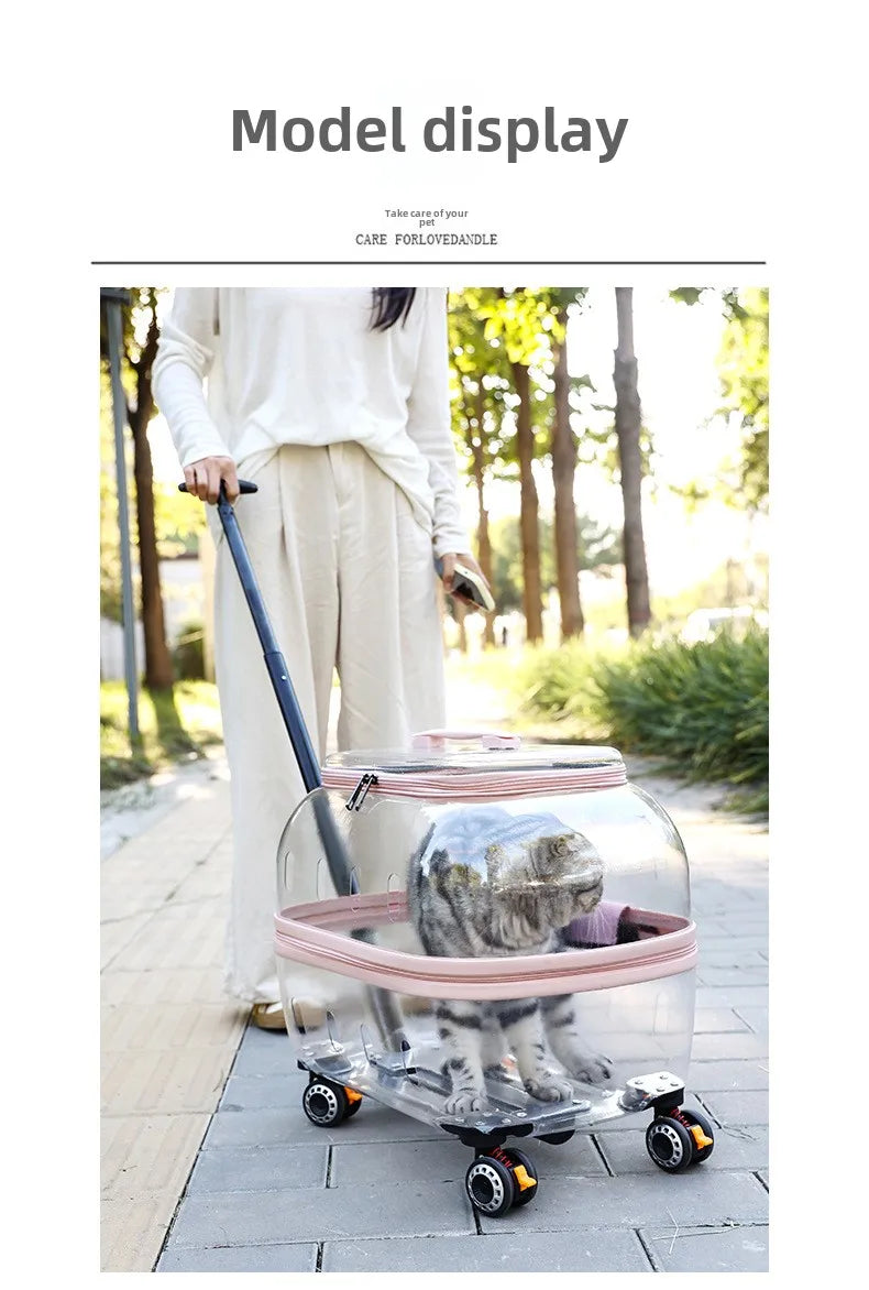 Fashion Transparent Cat Cage Large Capacity Pet Suitcase Breathable Cat Carriers Pull Rod/Handheld Dual Use Cat Transport Cart