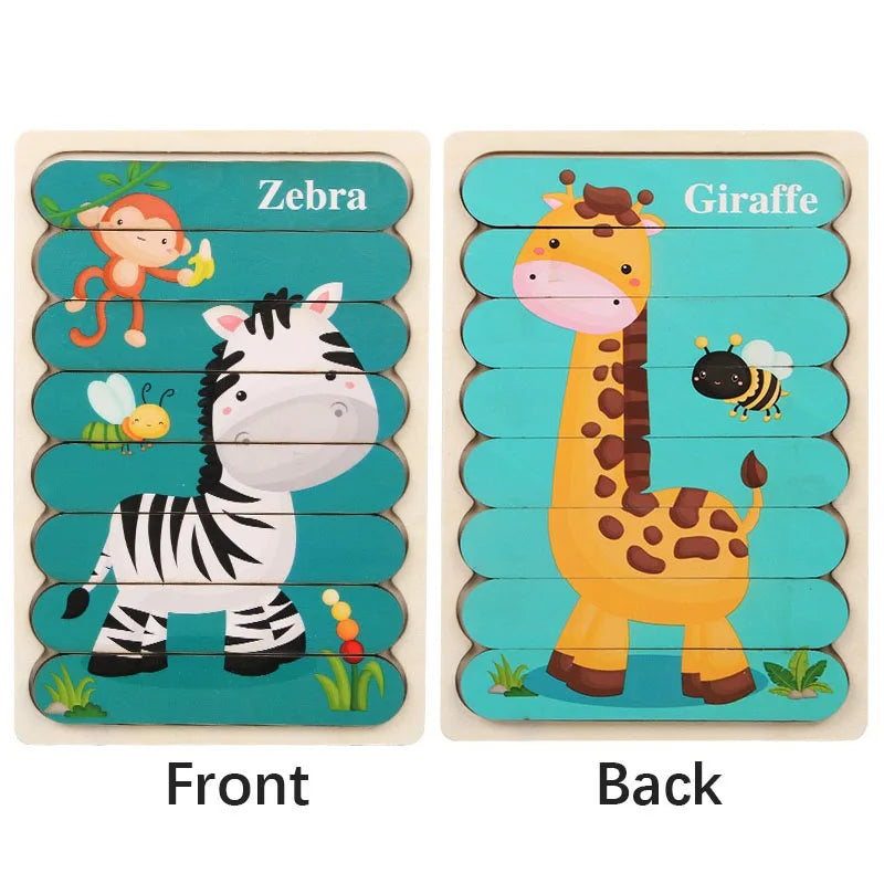 Cartoon Animal Double-sided Strip Wooden Puzzles Kids Montessori Jigsaw Game Baby Educational Toys for Children