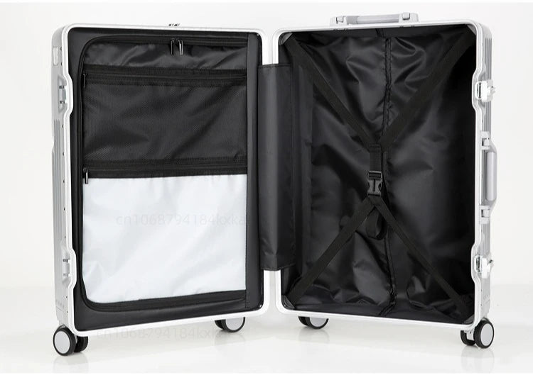 Aluminium Frame Rolling Luggage with Cup Holder Mobile Phone Holder Front Opening Suitcase Large capacity Travel Suitcase