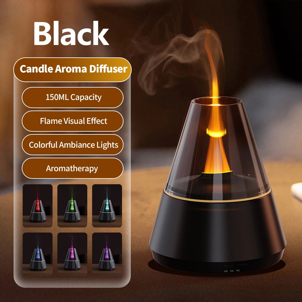 Candle Flame Ultrasonic Air Humidifier with 7-color Flame Ambient Light 3-level Timed Essential Oil Aroma Diffuser for Home Gift
