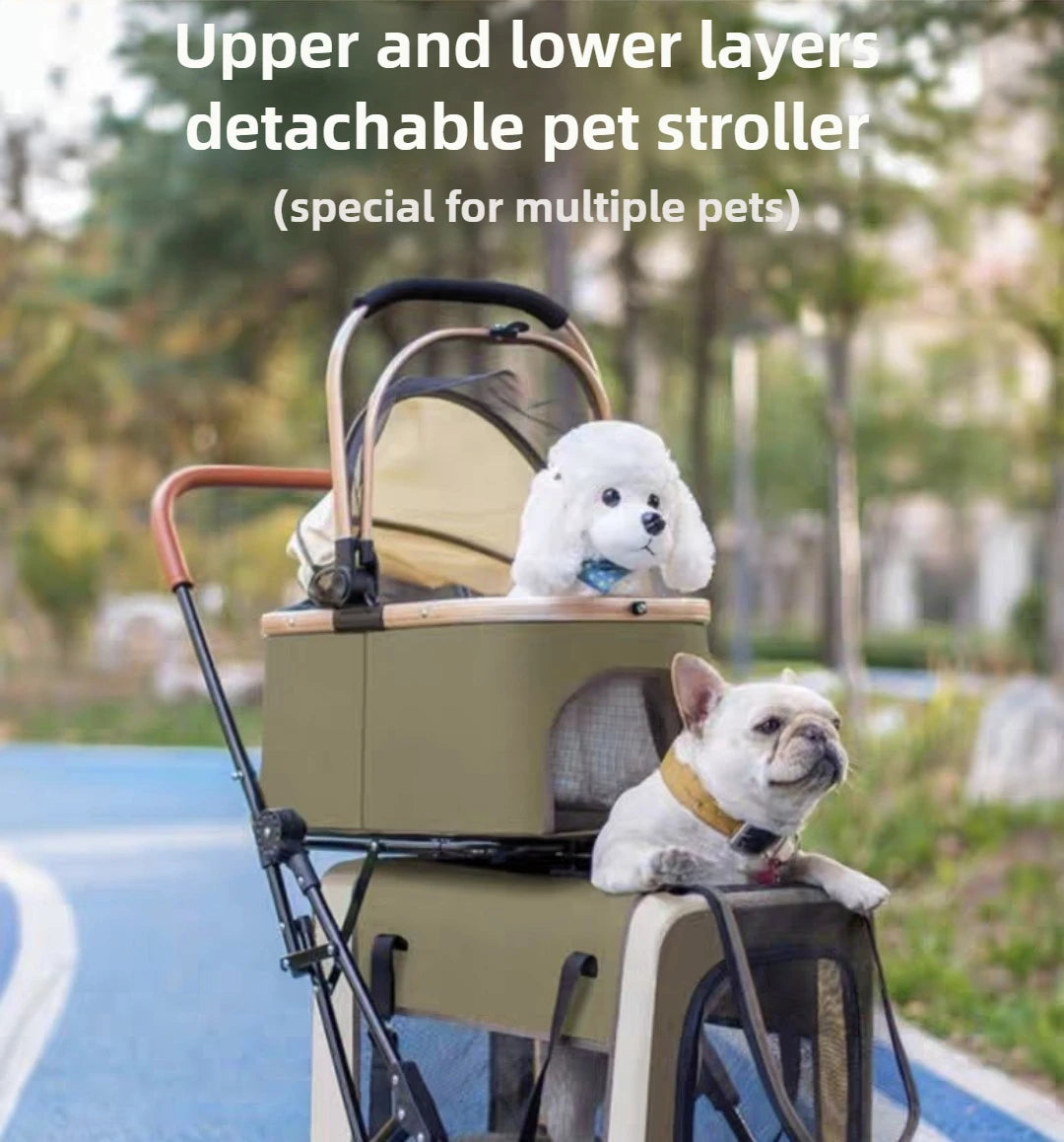 Detachable Double-decker Pet Stroller Cat and Dog Outdoor Stroller Lightweight Foldable Pet Stroller Portable Pet Basket