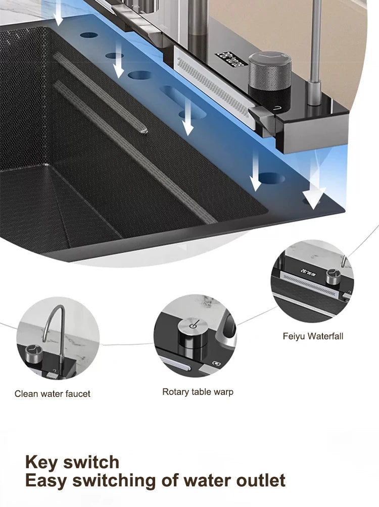 Kitchen Sink Stainless Steel Waterfall Sinks Extra Large Single Slot with Digital Display Faucet Set For kitchen