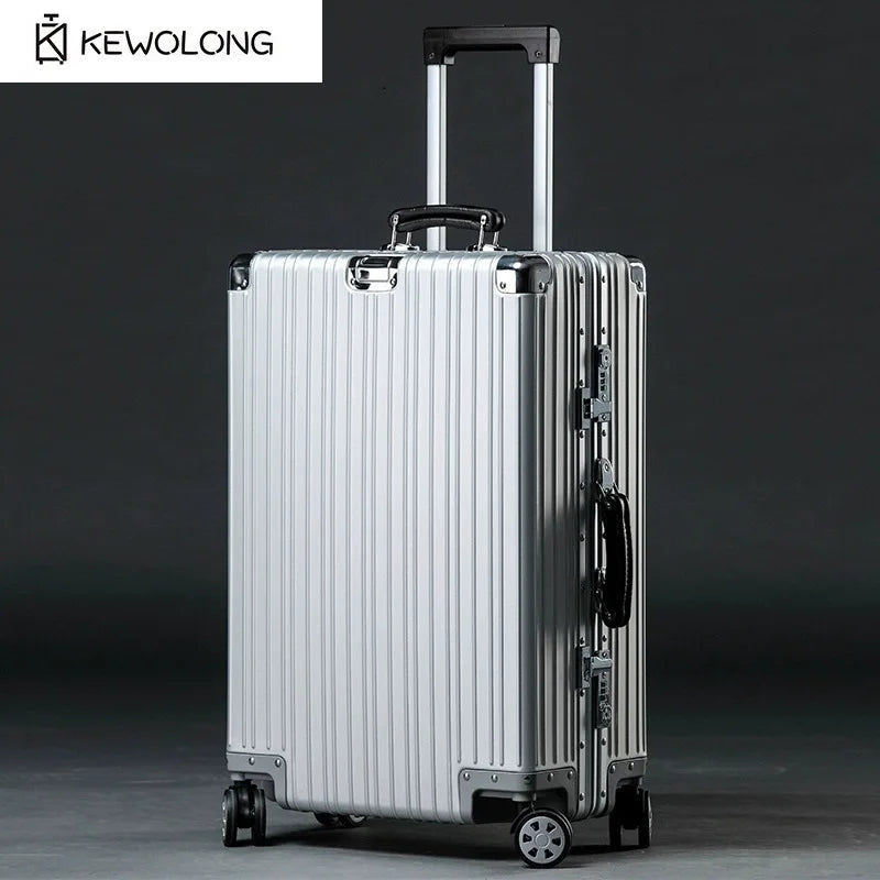 Top Quality Aluminum-Magnesium Alloy Vintage Suitcase, 20/24/26/29 Inch Lightweight Travel Trolley Luggage With Leather Handle