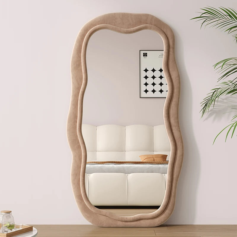 Creative full-body mirror household floor mirror light luxury special-shaped wave full-length mirror living room black advanced