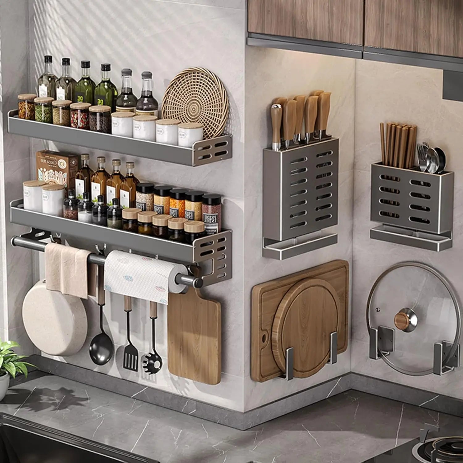 Wall Mount Utensil Holder Multifunctional Spice Organizer Shelf with Hooks Kitchen Hanging Storage Wall Shelf