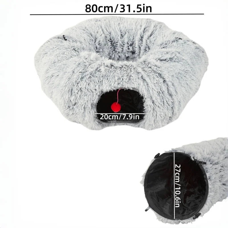 Winter Plush Cat Bed with Tunnel for Indoor Cats, Multifunctional Cat Tunnel Bed with Peephole, Fluffy Donut Cat Bed with Tunnel