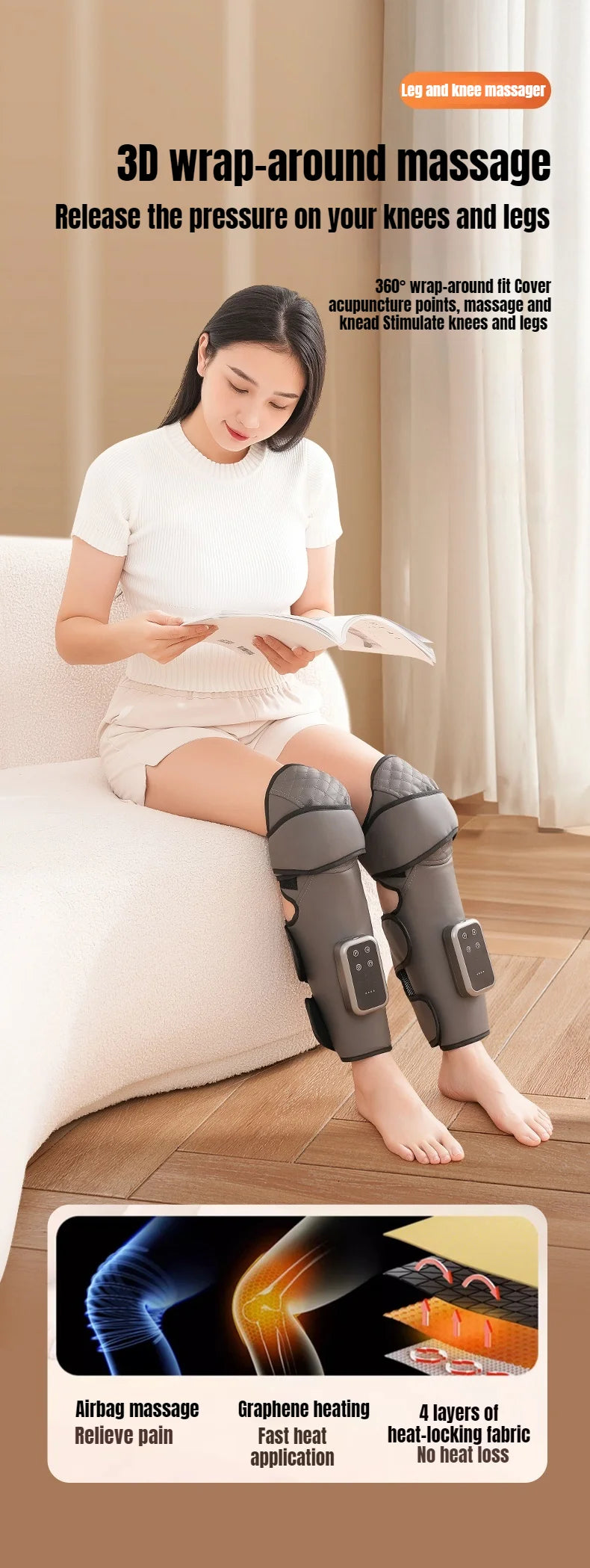 Wireless Knee and Calf Massager Heated Air Pressure 360° Wrap Portable Physiotherapy Device for Cold Legs Joints