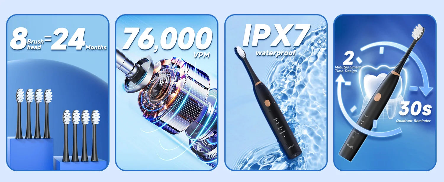 Electric Toothbrush for Adults with 8 Brush Heads , 4 Modes Deep Clean Electric Toothbrush with USB Cable and 2 Min Smart Timer