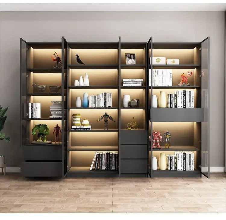 Modern Dust-Proof Bookcase with Glass Door Display Cabinet Modern Luxury Customized Home Living Room Integrated Bookshelf