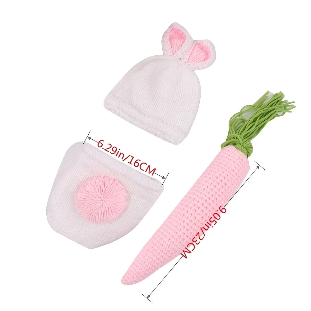 1 Set Handmade Blend Newborn Bunny Outfit, Baby Rabbit Photography Props, Crochet Knitting with Ears Hat and Carrot Accessory