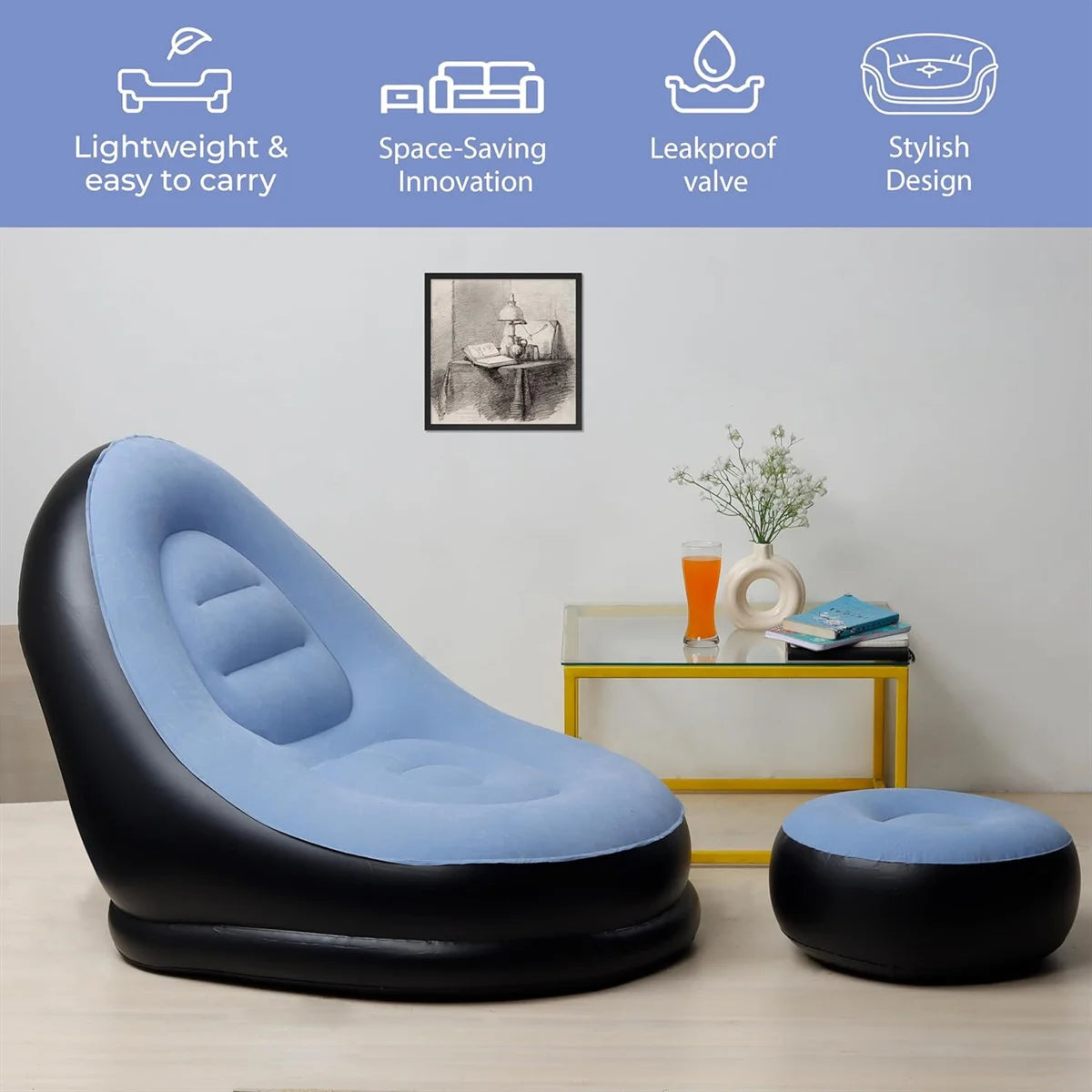 Lazy Sofa Inflatable Chair Folding Recliner (Sofa + Footrest) Outdoor Sofa Bed with Footrest Indoor and Outdoor Portable Folding Air Mattress Nap Leisure Chair Set