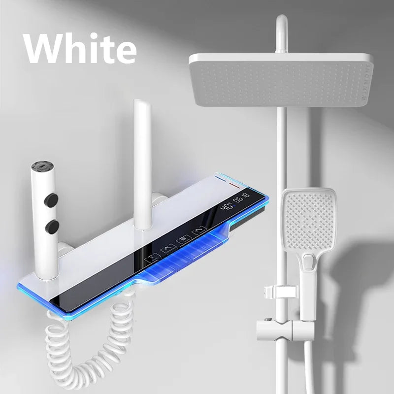 Ambient Light Bathroom Shower Full Set Wall Mount Bathtub Mixer Rain Digital Display Black Shower System Waterfall Shower Faucet