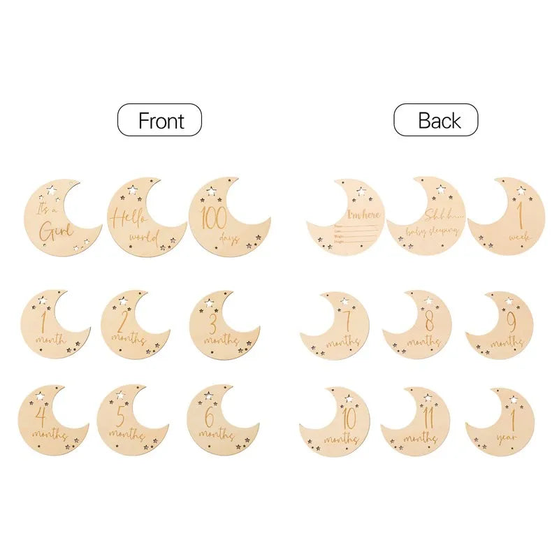 Baby Wooden Memorial Monthly Cards Moon Shape Monthly Newborn Engraved Age Photography Props Accessories Baby Birthing Gift