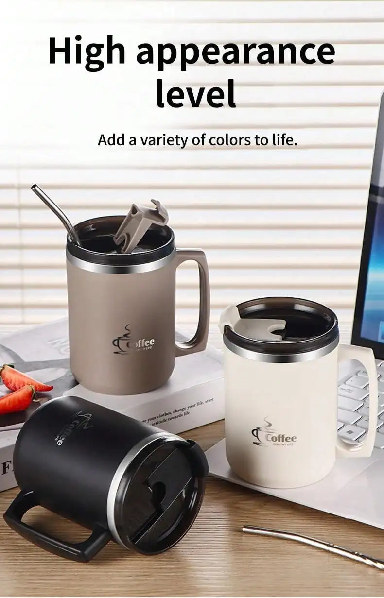 450ML Thermos Mug 304 Stainless Steel Double Wall Insulated Milk Coffee Cup With Handle & Lid Leak-proof Drinking Cup Drinkware