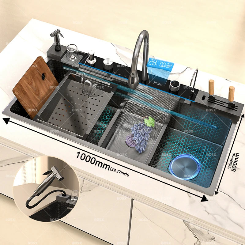 Kitchen Sink Stainless Steel Waterfall Sinks Extra Large Single Slot with Digital Display Faucet Set For kitchen