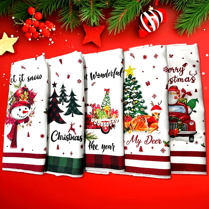 5Pcs Christmas Kitchen Towels and Dishcloth Absorbent Santa Snowman Truck Hand Dish Tea Towel Winter Holiday Decoration for Xmas