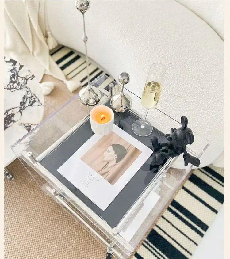 Acrylic Side Table Transparent Trolley Style Living Room Coffee Table Storage Cabinet Mobile Bedside Table Minimalist