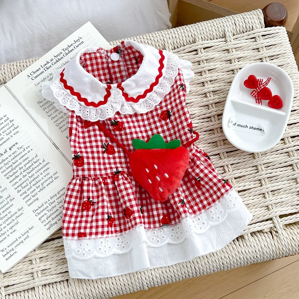 Strawberry Dress For Dogs Summer Spring Cute Plaid Female Girl Puppy Pet Cat Apparel Clothes Yorkie Chihuahua Small Medium Pugs
