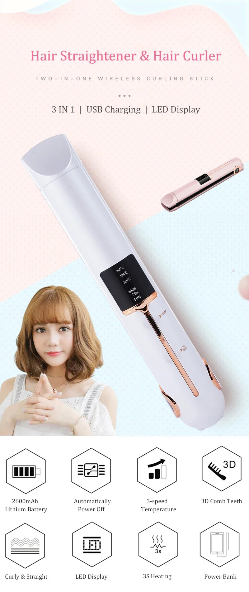 Portable Wireless Hair Straightener With Power Bank Function Rechargeable Hair Straightening Curling Flat Iron For Home Travel