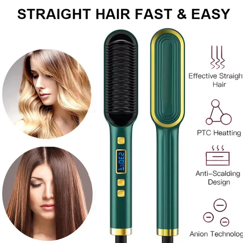 2-In-1 Electric Professional Negative Ion Straight Hair Brush Curling Comb With Lcd Display Curling Tool Straight Hair Brush