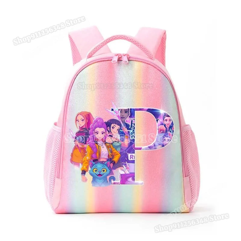Anime K-pop Demon Hunters Letter A-Z Print Kids Backpack Girls Lightweight Casual School Back Pack Rainbow Color Mochilas Gifts