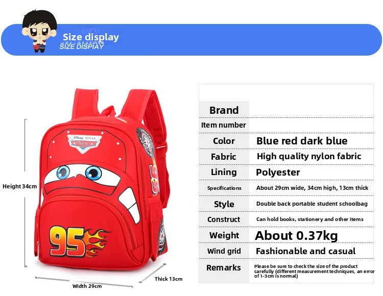 Disney  Cars Lightning McQueen 95 Flame Backpack for  child Water Resistant School Bag Adjustable Strap Multi-Color Cartoon Gift