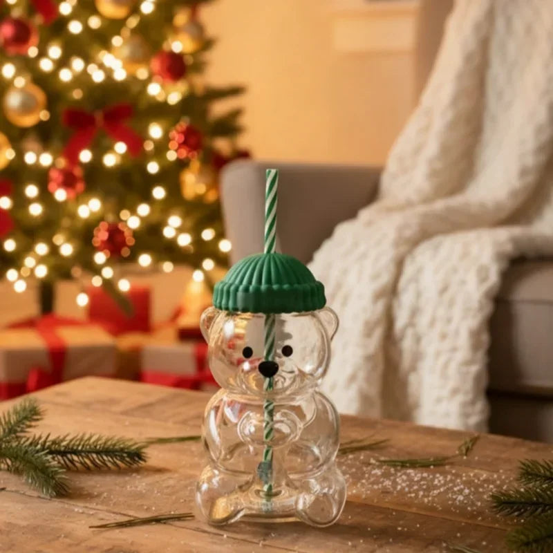 2025New On Sale Bear Shape Plastic Or Glass Cup With Straw Coffee Mug Cute Cartoon Creative Glass Juice Cup Tea Cup Drinkware