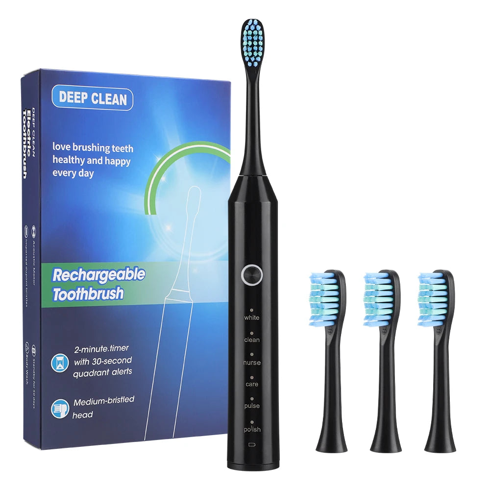 Electric Sonic Toothbrush 2-Minute Smart Timer 6 Modes  Deep Clean With 4 Brush Heads Oral Care Rechargeable for Adults