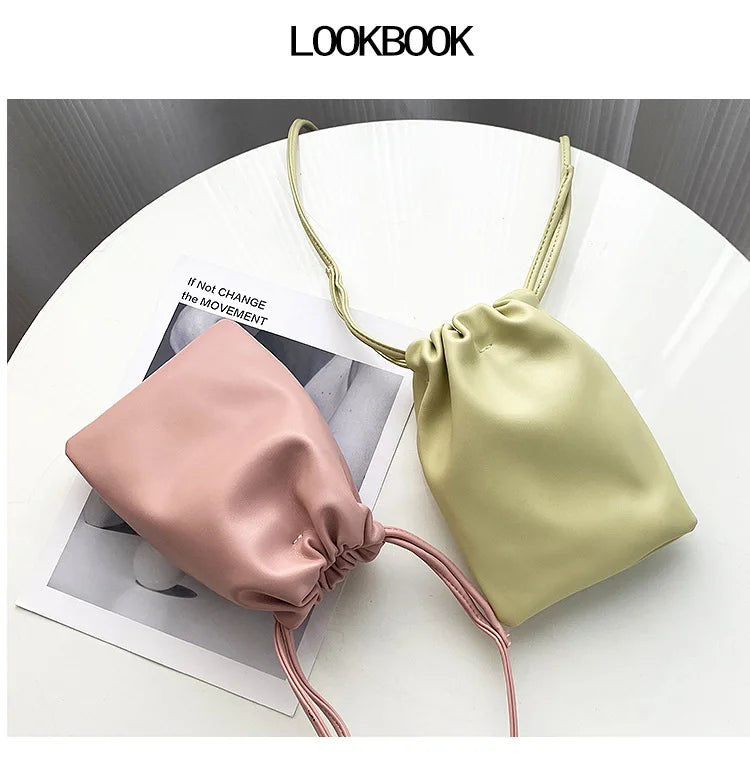 Casual Drawstring Bag Style Women Crossbody Bag Candy Color Lady Mini Bucket Bag for Mobile Phone Female Shoulder Purse Wallet