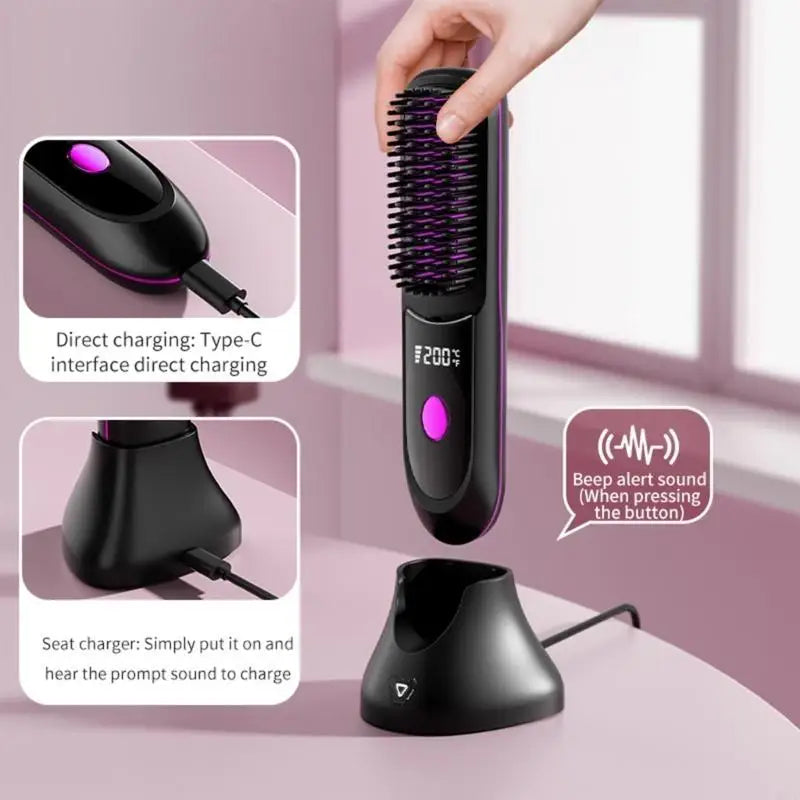 G8TC Cordless Hair Straightener Brush Fast Heating 3 Gear Adjustable Temperature USB Rechargeable Hair Straightening Comb