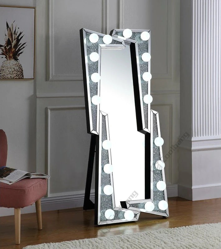 Hot Sale Crushed Diamond Hollywood Luxury Style Dressing Mirror LED Bulbs Floor Mirror