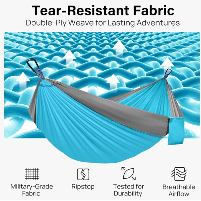 Camping hammock is a portable hammock with tree ties and carry on bags, essential camping equipment