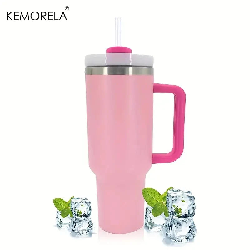 KEMORELA 1PC 900/1200ML Large Capacity Cold Cup Tumbler Stainless Steel Cup Straw Ice Cup Car Cup Handle Thermos Cup Drinkware