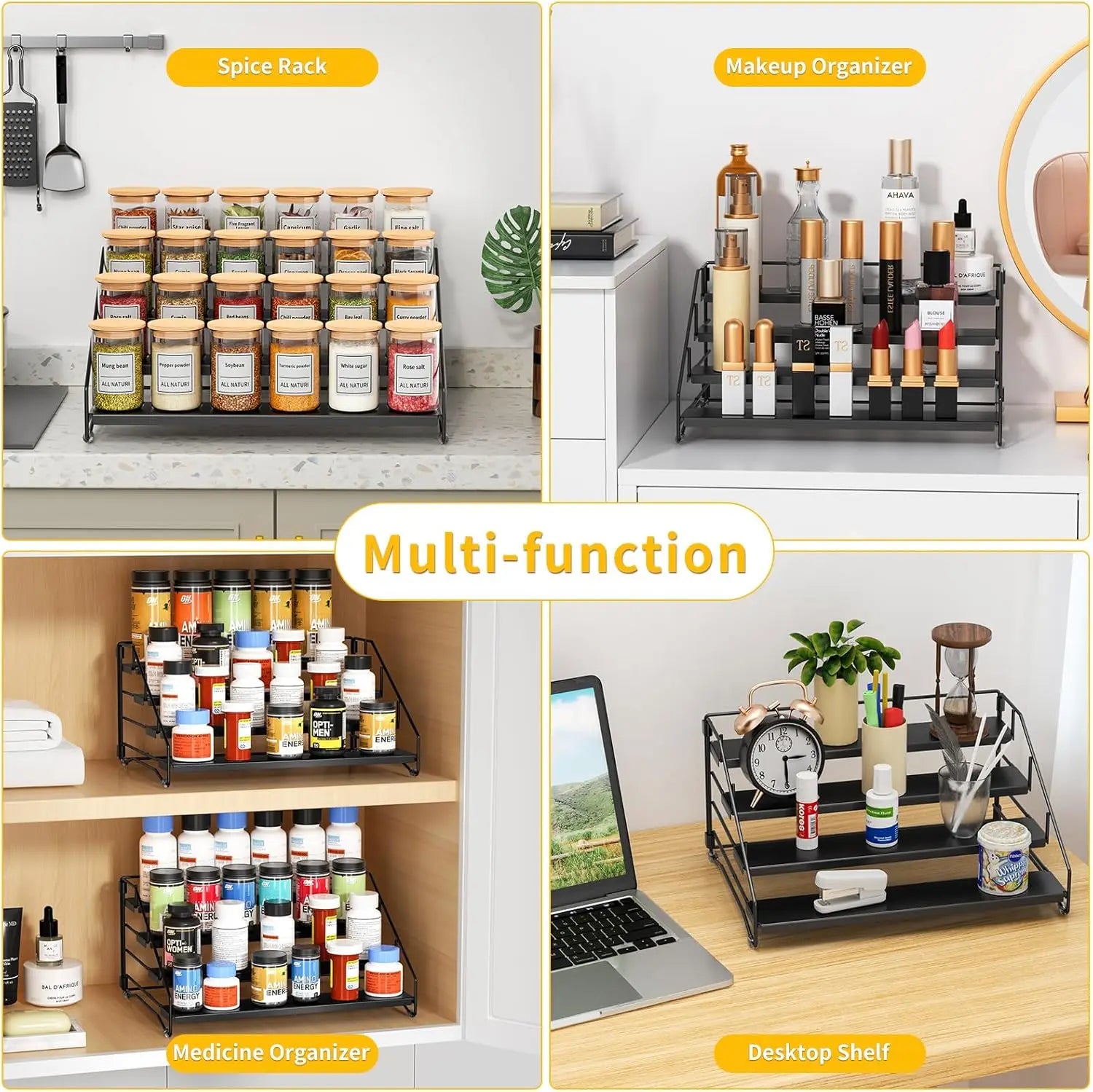 4 Tier Spice Rack Countertop Kitchen Countertop Space-Saving for Cabinet Herb Jars Storage Holder Wall Mounted Tierd Seasoning