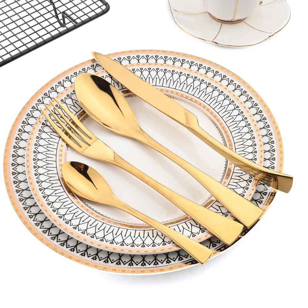 24Pcs/Set  Cutlery Sets 304 Stainless Steel mirror Tableware Knife Forks Spoons Silverware Dinnerware Kitchen Flatware Gift Box