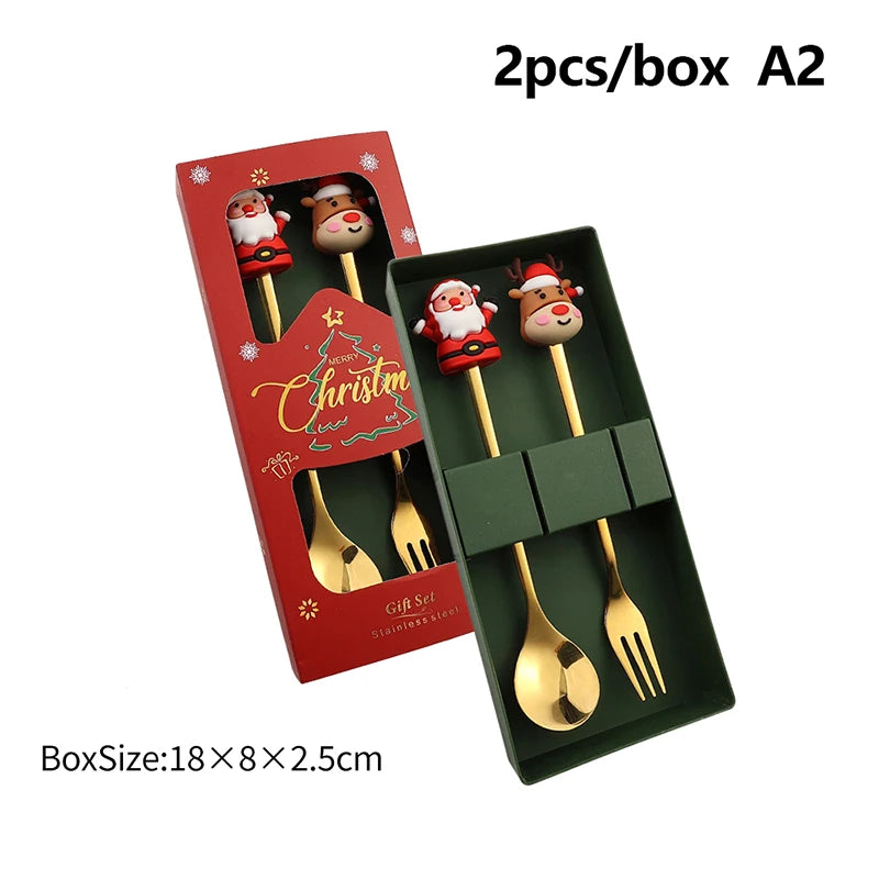 2/4/6Pcs Christmas Fork And Spoon Set,Stainless Steel Creative Tableware,Coffee Tea Dessert Forks And Spoons Gift Set