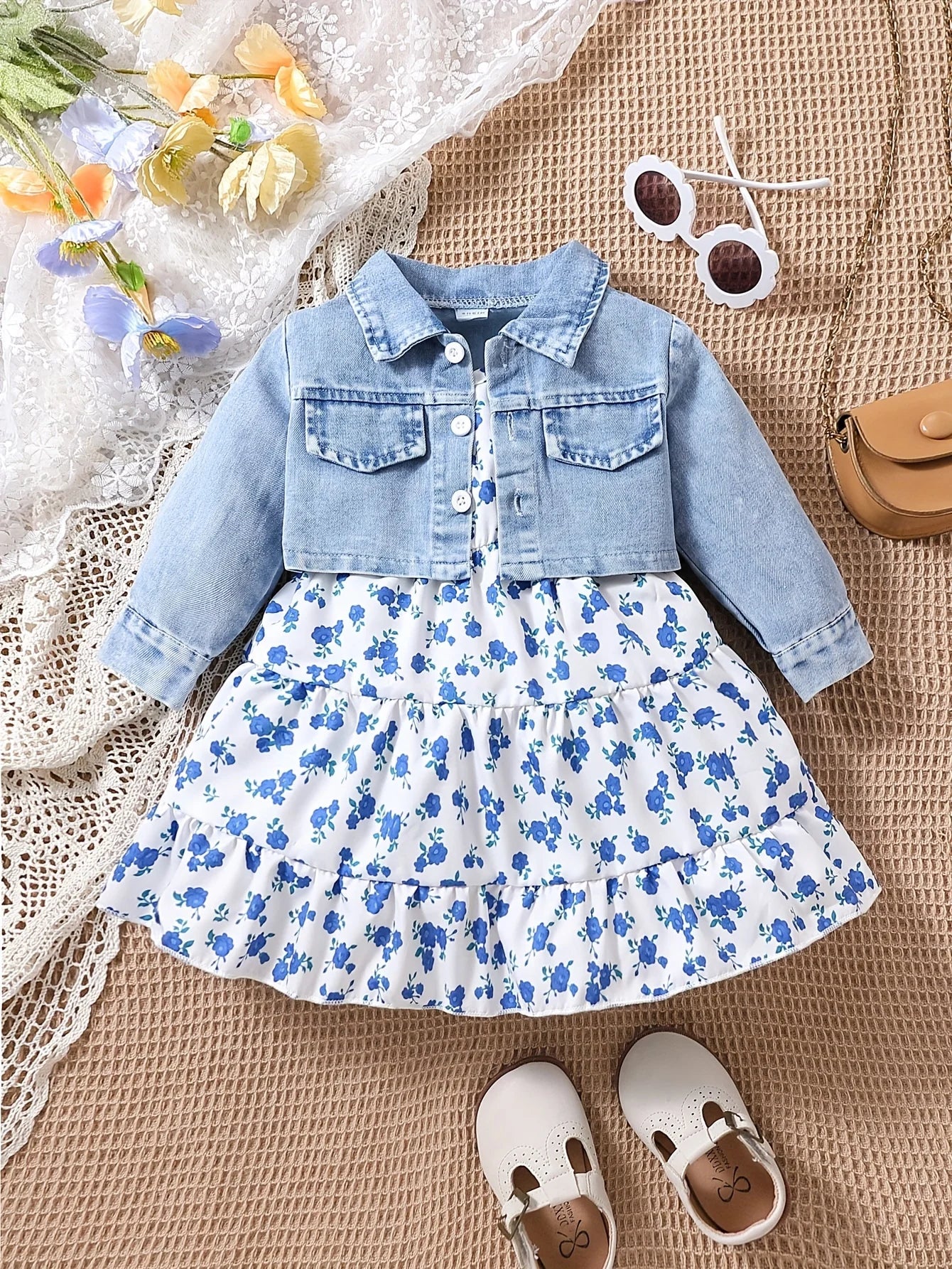 3pieces Four Seasons Leisure Travel Vacation Comfortable Denim Long Sleeve + Floral Dress Set With Halter Sweet Fashion
