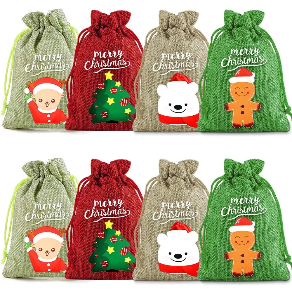 15pcs Set 13*18cm New Christmas Linen Drawstring Gift Bags, Jewelry Gift Bags, Party Drawstring Gift Pouches in Random Patterns