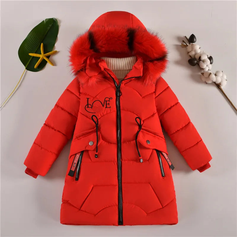 5-14 Years Old Winter Boys Girls Jacket Long Style Hooded Fur Collar Colorful Heavy Coat For Kids Children Outerwear