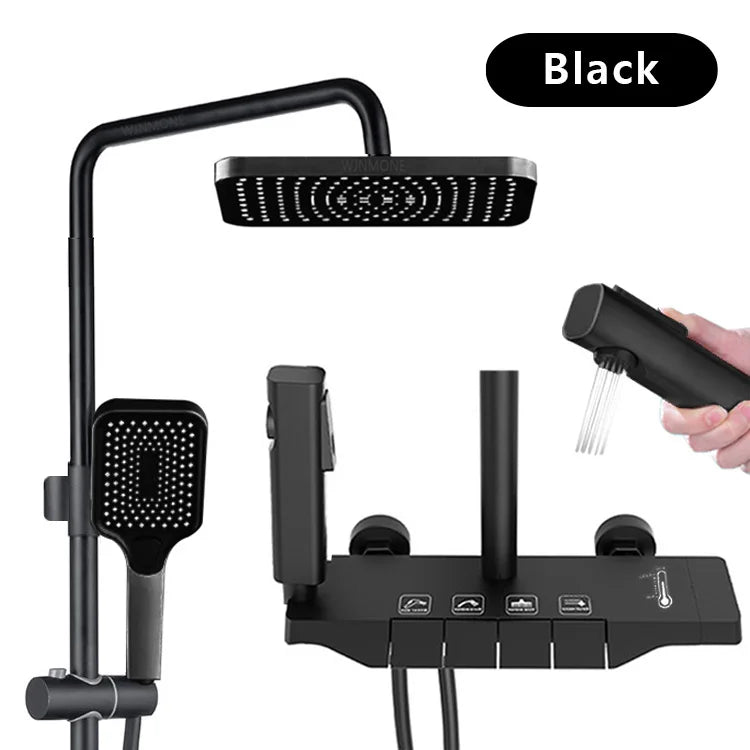 Cheap Gun Gray Bathroom Shower Faucet Set 4 Way ABS Hot and Cold Shower Crane Mixer Tap Bathtub Rainfall Showers System Full Set