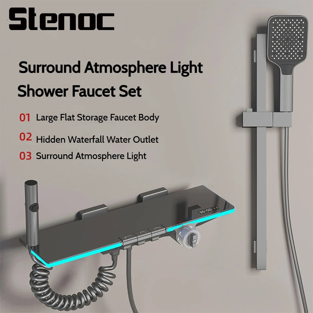 Grey Brass Waterfall Wall Mount Smart Temperature Digital Display Bathtub Faucet Bathroom Faucet Bath Shower Faucet Mixer Crane