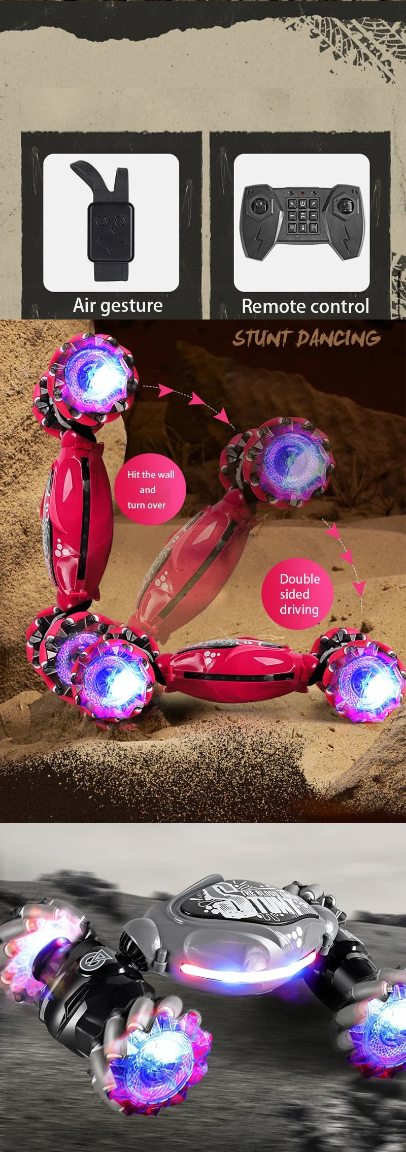 4WD RC Drift Car With Music Led Lights 2.4G Gesture Radio Remote Control Spray Stunt Car 360° Rotating Climbing Car Toys Gift